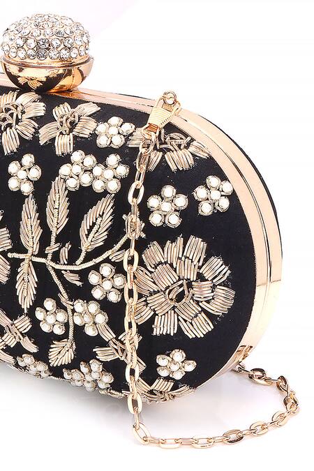 Shop Nazaakat By Samara Singh Black Embroidery, Pearls, Rhinestones Floral Clutch With Sling Shop_Nazaakat By Samara Singh_Black Embroidery, Pearls, Rhinestones Floral Clutch With Sling