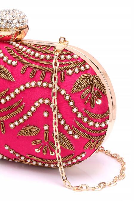 Shop_Nazaakat By Samara Singh_Pink Pearls, Embroidery, Rhinestones, Sequins And Clutch