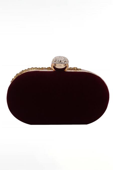Shop Nazaakat By Samara Singh Maroon Rhinestones, Crystals Velvet Embellished Clutch With Detachable Sling at Aza Fashions Shop_Nazaakat By Samara Singh_Maroon Rhinestones, Crystals Velvet Embellished Clutch With Detachable Sling_at_Aza_Fashions