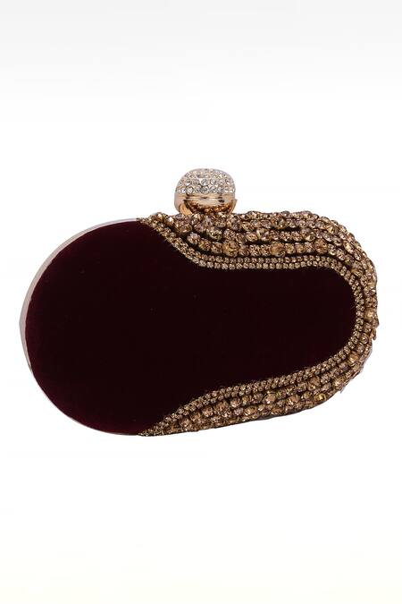 Buy Nazaakat By Samara Singh Maroon Rhinestones, Crystals Velvet Embellished Clutch With Detachable Sling Online at Aza Fashions Buy_Nazaakat By Samara Singh_Maroon Rhinestones, Crystals Velvet Embellished Clutch With Detachable Sling_Online_at_Aza_Fashions