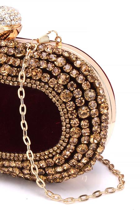 Buy_Nazaakat By Samara Singh_Maroon Rhinestones, Crystals Velvet Embellished Clutch With Detachable Sling