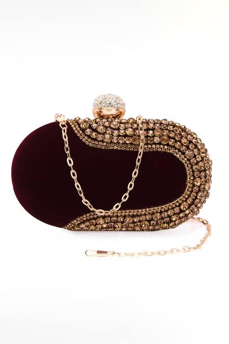 Shop Nazaakat By Samara Singh Maroon Rhinestones, Crystals Velvet Embellished Clutch With Detachable Sling Shop_Nazaakat By Samara Singh_Maroon Rhinestones, Crystals Velvet Embellished Clutch With Detachable Sling