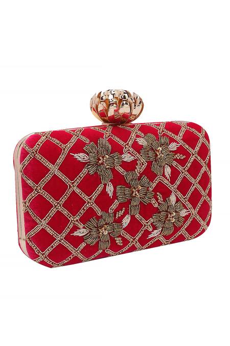 Buy_Nazaakat By Samara Singh_Red Embroidery, Beads, Sequins Floral And Geometric Clutch _Online_at_Aza_Fashions