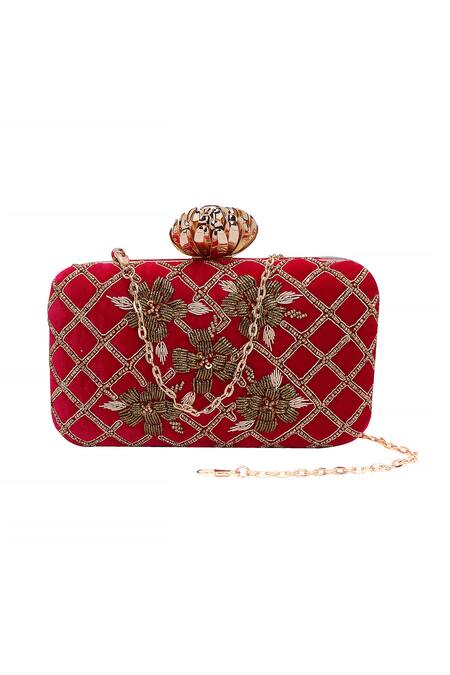 Shop_Nazaakat By Samara Singh_Red Embroidery, Beads, Sequins Floral And Geometric Clutch 