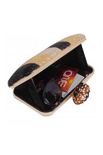 Nazaakat By Samara Singh_Gold Beads Striped Clutch With Detachable Sling _Online_at_Aza_Fashions
