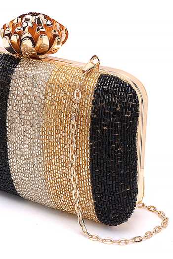 Buy_Nazaakat By Samara Singh_Gold Beads Striped Clutch With Detachable Sling _Online_at_Aza_Fashions
