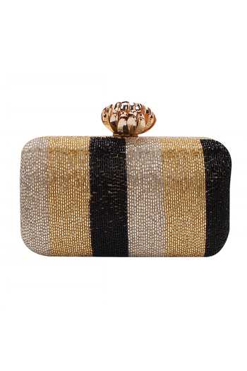 Shop_Nazaakat By Samara Singh_Gold Beads Striped Clutch With Detachable Sling _Online_at_Aza_Fashions