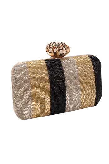 Nazaakat By Samara Singh_Gold Beads Striped Clutch With Detachable Sling _at_Aza_Fashions