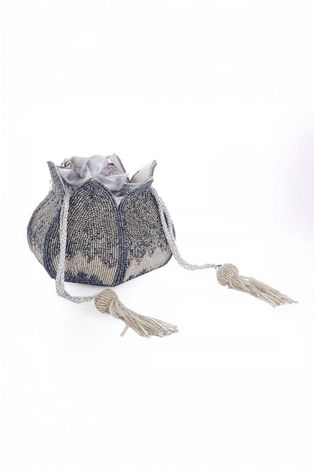Nazaakat By Samara Singh_Gray Beads, Tassels, Pearls Beaded Lotus Shape Potli Bag With _Online_at_Aza_Fashions