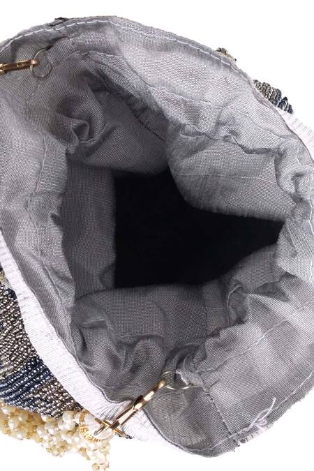 Buy_Nazaakat By Samara Singh_Gray Beads, Tassels, Pearls Beaded Lotus Shape Potli Bag With _Online_at_Aza_Fashions