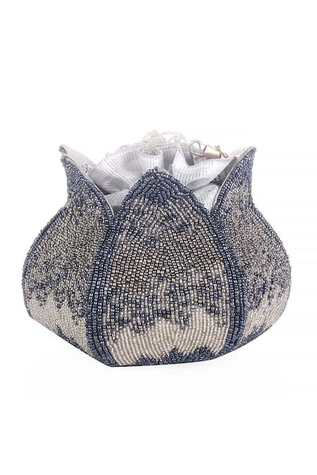 Shop_Nazaakat By Samara Singh_Gray Beads, Tassels, Pearls Beaded Lotus Shape Potli Bag With _Online_at_Aza_Fashions