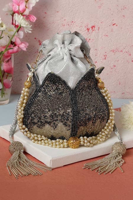 Nazaakat By Samara Singh Beaded Lotus Shape Potli Bag With Tassels 