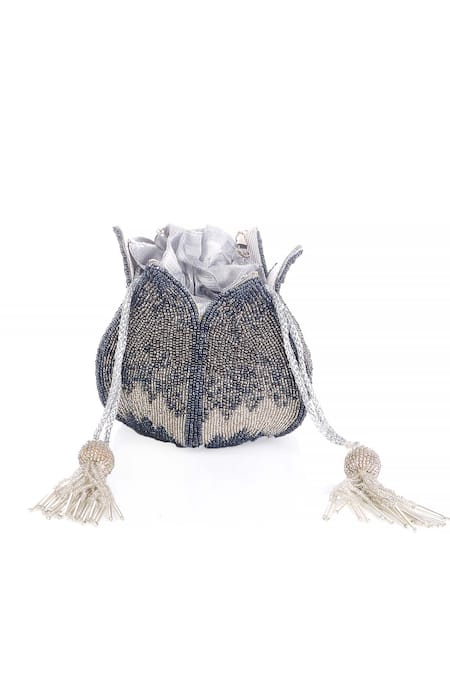 Nazaakat By Samara Singh_Gray Beads, Tassels, Pearls Beaded Lotus Shape Potli Bag With _at_Aza_Fashions