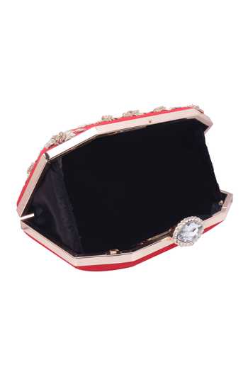 Nazaakat By Samara Singh_Red Embroidery, Pearls, Stones Floral Clutch With Sling _Online_at_Aza_Fashions