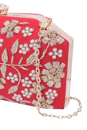Shop_Nazaakat By Samara Singh_Red Embroidery, Pearls, Stones Floral Clutch With Sling _Online_at_Aza_Fashions