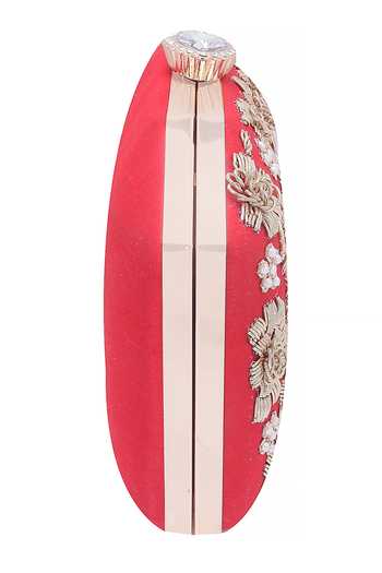 Nazaakat By Samara Singh_Red Embroidery, Pearls, Stones Floral Clutch With Sling _at_Aza_Fashions