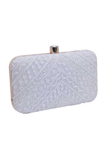 Shop_Nazaakat By Samara Singh_White Beads, Rhinestones Embroidered Clutch With Detachable Sling _Online_at_Aza_Fashions