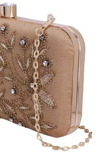 Shop_Nazaakat By Samara Singh_Gold Beads, Crystals, Embroidery Floral And Stone Embellished Clutch 