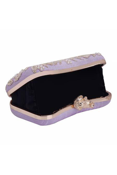 Nazaakat By Samara Singh_Purple Embroidery, Pearls Froggie Lock Clutch With Sling_Online_at_Aza_Fashions