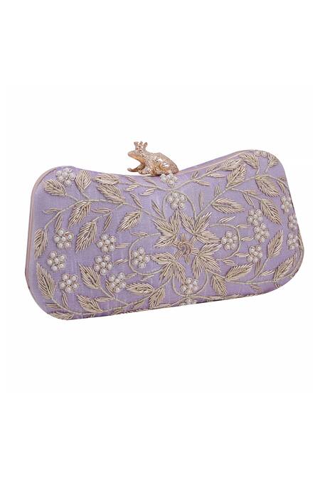 Shop_Nazaakat By Samara Singh_Purple Embroidery, Pearls Froggie Lock Clutch With Sling_Online_at_Aza_Fashions