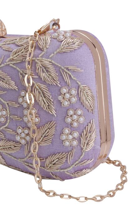 Buy_Nazaakat By Samara Singh_Purple Embroidery, Pearls Froggie Lock Clutch With Sling