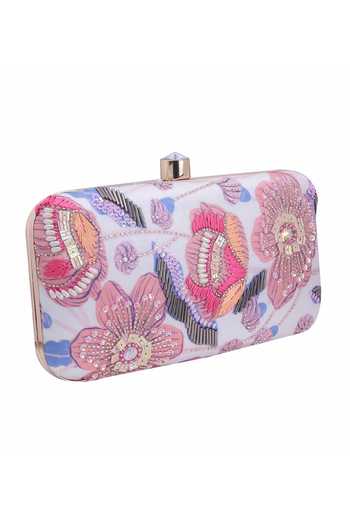 Nazaakat By Samara Singh White Embroidery, Sequins, Beads, Crystals Floral Clutch With Sling at Aza Fashions Nazaakat By Samara Singh_White Embroidery, Sequins, Beads, Crystals Floral Clutch With Sling _at_Aza_Fashions