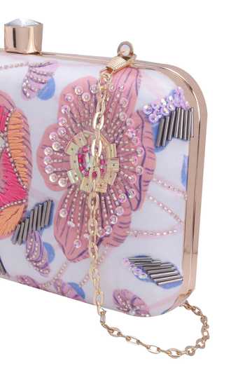 Buy Nazaakat By Samara Singh White Embroidery, Sequins, Beads, Crystals Floral Clutch With Sling Buy_Nazaakat By Samara Singh_White Embroidery, Sequins, Beads, Crystals Floral Clutch With Sling