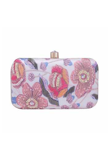 Shop Nazaakat By Samara Singh White Embroidery, Sequins, Beads, Crystals Floral Clutch With Sling at Aza Fashions Shop_Nazaakat By Samara Singh_White Embroidery, Sequins, Beads, Crystals Floral Clutch With Sling _at_Aza_Fashions