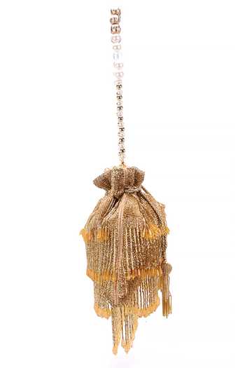 Nazaakat By Samara Singh Gold Beads, Pearls, Tassels Beaded Fringe Potli Bag Online at Aza Fashions Nazaakat By Samara Singh_Gold Beads, Pearls, Tassels Beaded Fringe Potli Bag _Online_at_Aza_Fashions