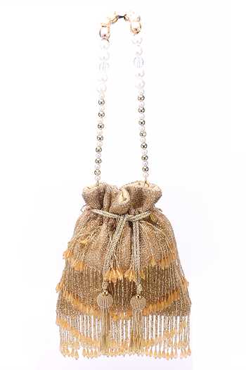 Nazaakat By Samara Singh Gold Beads, Pearls, Tassels Beaded Fringe Potli Bag at Aza Fashions Nazaakat By Samara Singh_Gold Beads, Pearls, Tassels Beaded Fringe Potli Bag _at_Aza_Fashions