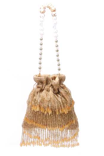 Buy Nazaakat By Samara Singh Gold Beads, Pearls, Tassels Beaded Fringe Potli Bag Buy_Nazaakat By Samara Singh_Gold Beads, Pearls, Tassels Beaded Fringe Potli Bag
