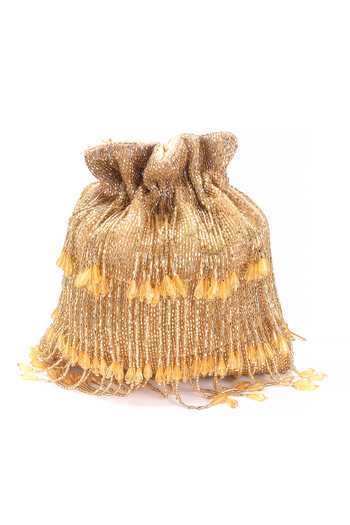 Shop Nazaakat By Samara Singh Gold Beads, Pearls, Tassels Beaded Fringe Potli Bag Shop_Nazaakat By Samara Singh_Gold Beads, Pearls, Tassels Beaded Fringe Potli Bag