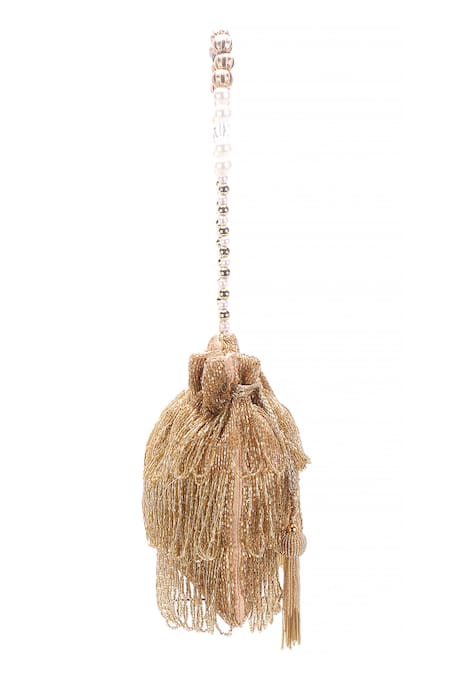 Nazaakat By Samara Singh_Gold Beads, Tassels, Pearls Beaded Fringe Drawstring Potli Bag _Online_at_Aza_Fashions