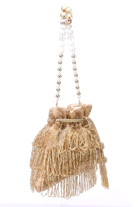 Buy_Nazaakat By Samara Singh_Gold Beads, Tassels, Pearls Beaded Fringe Drawstring Potli Bag _Online_at_Aza_Fashions