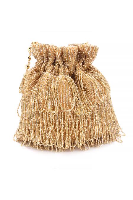 Shop_Nazaakat By Samara Singh_Gold Beads, Tassels, Pearls Beaded Fringe Drawstring Potli Bag _Online_at_Aza_Fashions