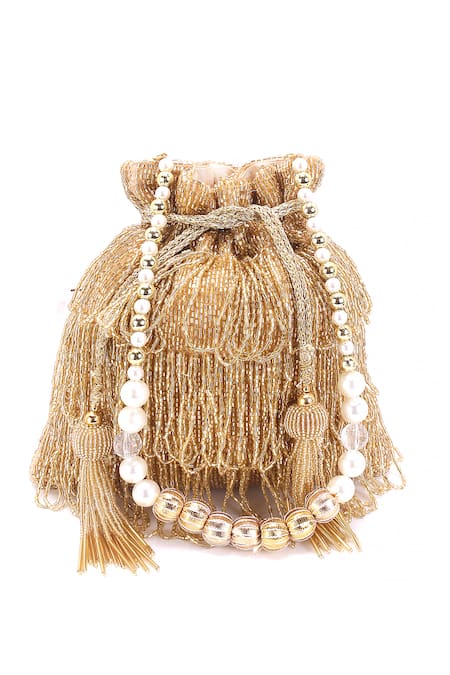 Nazaakat By Samara Singh_Gold Beads, Tassels, Pearls Beaded Fringe Drawstring Potli Bag _at_Aza_Fashions