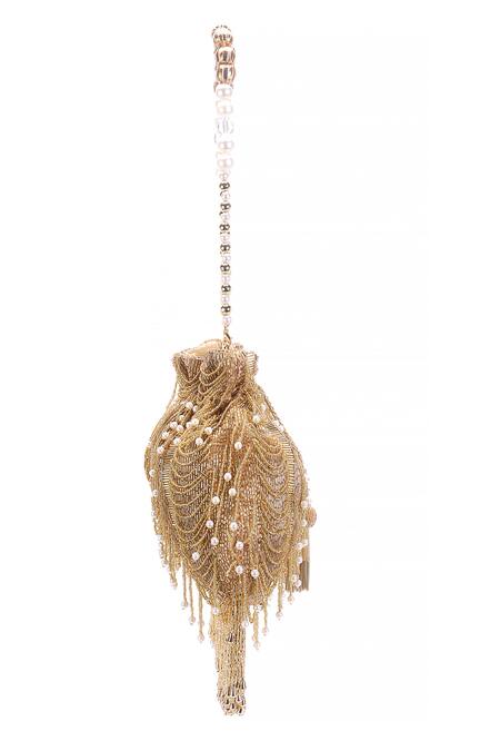 Buy Nazaakat By Samara Singh Gold Beads, Pearls, Tassels Beaded Embellished Potli Bag Online at Aza Fashions Buy_Nazaakat By Samara Singh_Gold Beads, Pearls, Tassels Beaded Embellished Potli Bag_Online_at_Aza_Fashions