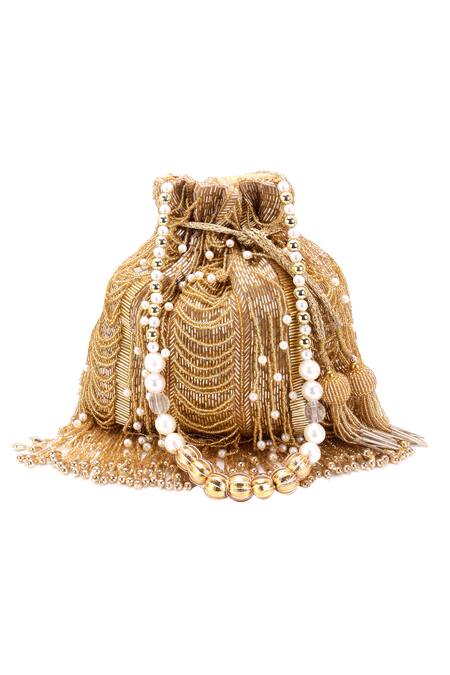 Shop Nazaakat By Samara Singh Gold Beads, Pearls, Tassels Beaded Embellished Potli Bag Online at Aza Fashions Shop_Nazaakat By Samara Singh_Gold Beads, Pearls, Tassels Beaded Embellished Potli Bag_Online_at_Aza_Fashions