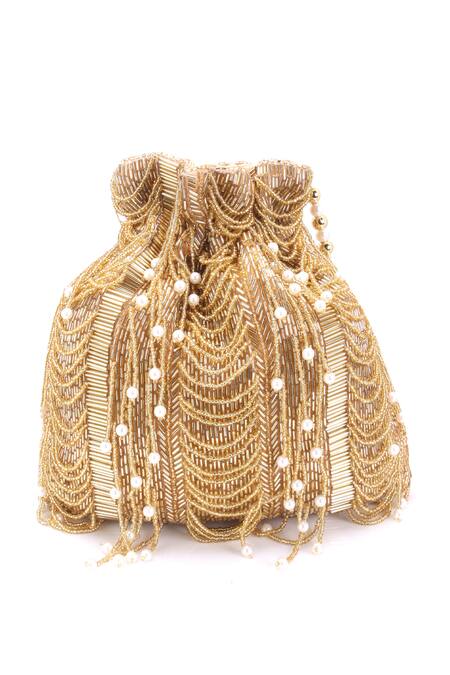 Nazaakat By Samara Singh Gold Beads, Pearls, Tassels Beaded Embellished Potli Bag at Aza Fashions Nazaakat By Samara Singh_Gold Beads, Pearls, Tassels Beaded Embellished Potli Bag_at_Aza_Fashions