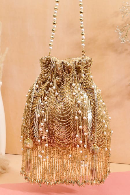 Nazaakat By Samara Singh Gold Beads, Pearls, Tassels Beaded Embellished Potli Bag 
