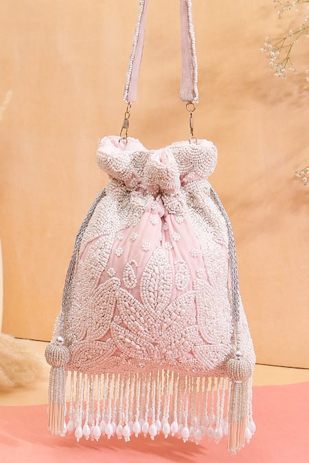 Nazaakat By Samara Singh Pink Beads, Tassels Beaded Embroidered Potli Bag With 