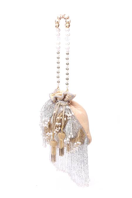 Buy Nazaakat By Samara Singh Gold Beads, Tassels, Pearls Beaded Fringe Potli Bag With Handle Online at Aza Fashions Buy_Nazaakat By Samara Singh_Gold Beads, Tassels, Pearls Beaded Fringe Potli Bag With Handle_Online_at_Aza_Fashions