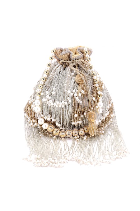 Shop Nazaakat By Samara Singh Gold Beads, Tassels, Pearls Beaded Fringe Potli Bag With Handle at Aza Fashions Shop_Nazaakat By Samara Singh_Gold Beads, Tassels, Pearls Beaded Fringe Potli Bag With Handle_at_Aza_Fashions