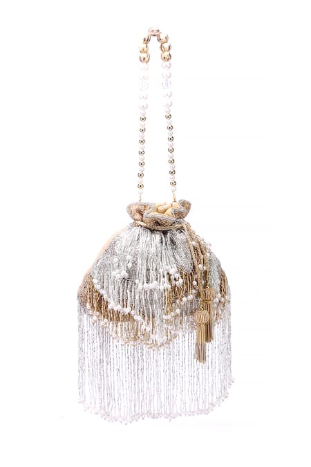 Nazaakat By Samara Singh Gold Beads, Tassels, Pearls Beaded Fringe Potli Bag With Handle at Aza Fashions Nazaakat By Samara Singh_Gold Beads, Tassels, Pearls Beaded Fringe Potli Bag With Handle_at_Aza_Fashions