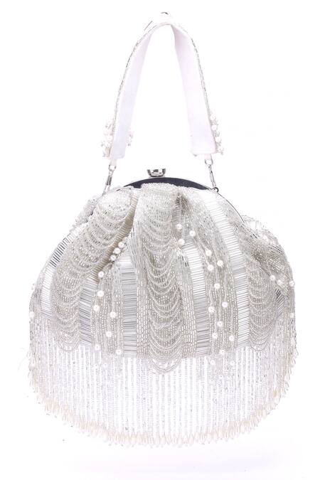 Shop Nazaakat By Samara Singh White Beads, Pearls, Fringe Beaded Batua Bag at Aza Fashions Shop_Nazaakat By Samara Singh_White Beads, Pearls, Fringe Beaded Batua Bag_at_Aza_Fashions