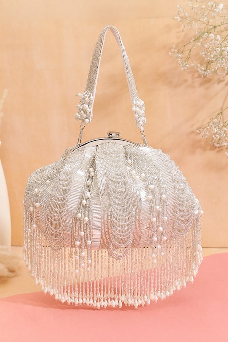 Nazaakat By Samara Singh White Beads, Pearls, Fringe Beaded Batua Bag 