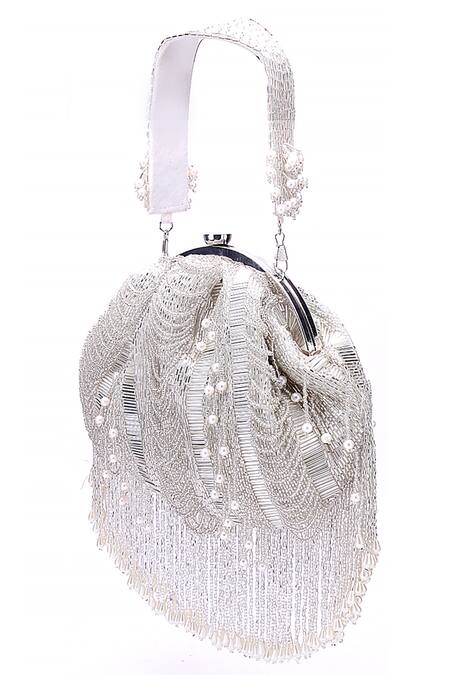 Shop Nazaakat By Samara Singh White Beads, Pearls, Fringe Beaded Batua Bag Online at Aza Fashions Shop_Nazaakat By Samara Singh_White Beads, Pearls, Fringe Beaded Batua Bag_Online_at_Aza_Fashions