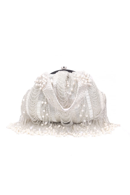 Nazaakat By Samara Singh White Beads, Pearls, Fringe Beaded Batua Bag at Aza Fashions Nazaakat By Samara Singh_White Beads, Pearls, Fringe Beaded Batua Bag_at_Aza_Fashions