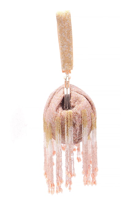 Shop_Nazaakat By Samara Singh_Pink Beads, Tassels Beaded Fringe Batua Bag_Online_at_Aza_Fashions