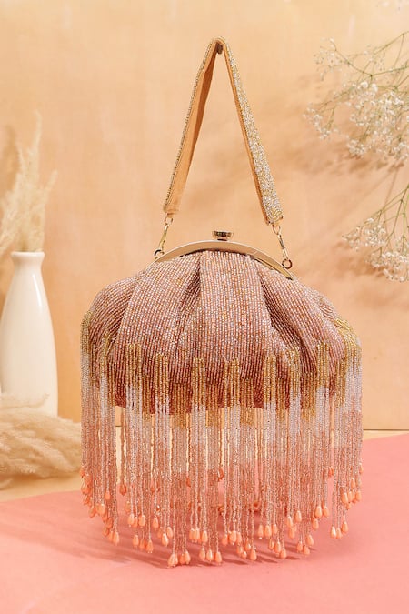 Nazaakat By Samara Singh Pink Beads, Tassels Beaded Fringe Batua Bag 